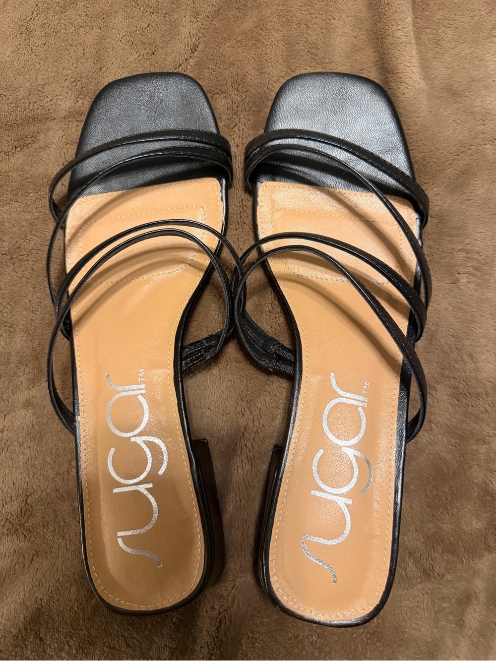 Sugar Black Strappy Square-Toe Heeled Sandals